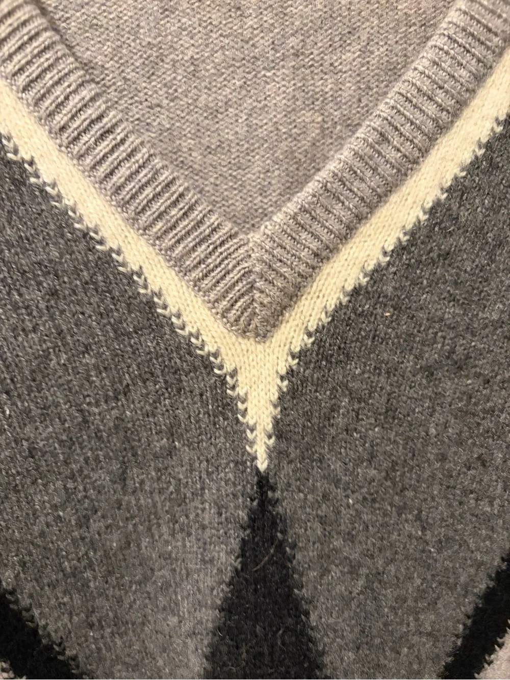 Vintage Scottish Cashmere Geometric V Neck Sweater Gray Black Made in Scotland